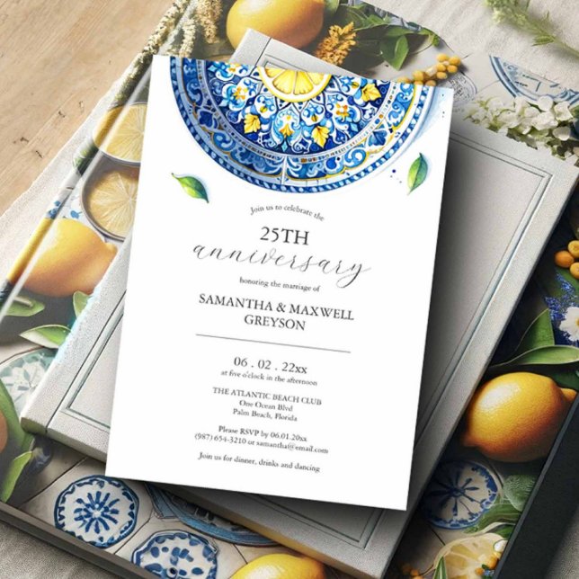 Convites 25 Casamento de Aniversário Limões (25th wedding anniversary invitations blue and yellow lemon theme with plate Victoria Grigaliunas )