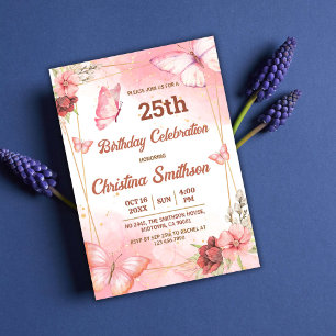 Convites 25 de aniversário de borboleta floral rosa elegant