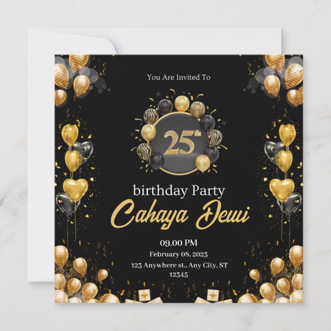 Convites 25 de aniversário prata preta elegante moderno (Frente)