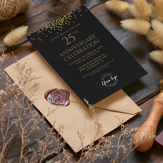 Convites 25 de negócios corporativo - Dourado (25th corporate party invitation black gold confetti design.)
