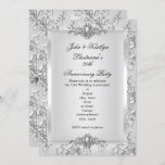 Convites 25 do partido Damask Silver White Small<br><div class="desc">25 Anniversário do Partido Prateado Cinza Branca Damasco Jewel Floral Elegante 25,  Aniversário do Silver White Diamond Jewel Imagem. Convite para todas as ocasiões da classe elegante Uso formal para qualquer convite de evento Personalizar para alterar ou adicionar detalhes.</div>