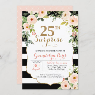 Convites 25 Surpresa Brisa Negra Banho Floral Aniversário