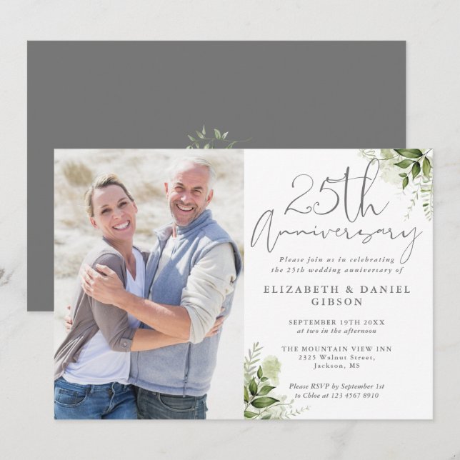 Convites 25th Wedding Anniversary Floral Silver Photo (Frente/Verso)
