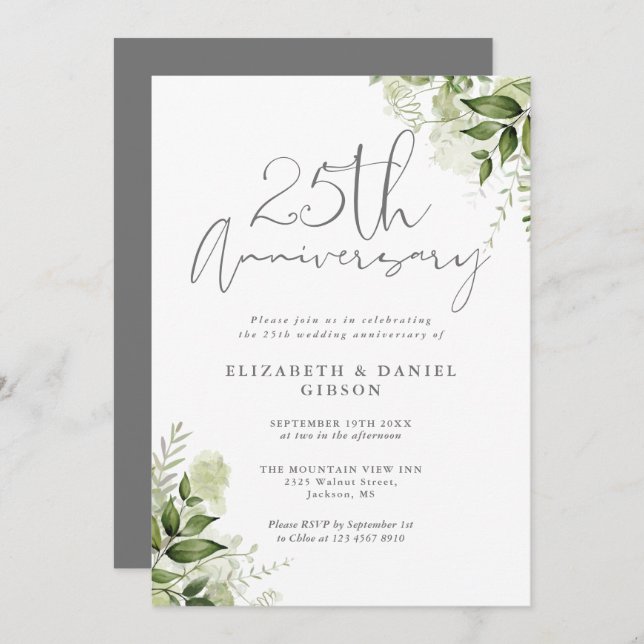 Convites 25th Wedding Anniversary Greenery Silver Script (Frente/Verso)