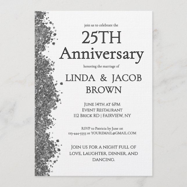 Convites 25th Wedding Anniversary Silver Faux Glitter  (Frente)