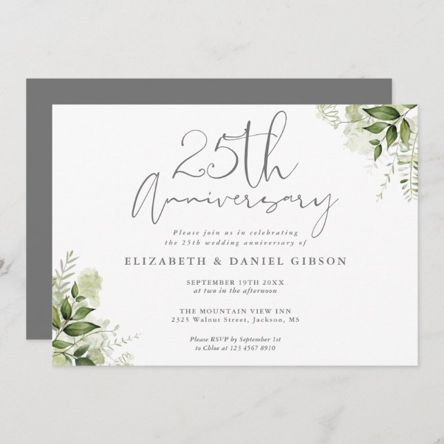 Convites 25th Wedding Anniversary Silver Script Floral (Frente/Verso)