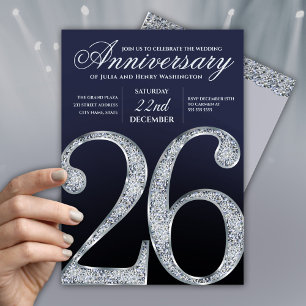 Convites 26º Aniversário Diamante Prata Azul Escuro Anos