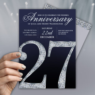 Convites 27º Aniversário Diamante Prata Azul Escuro Anos
