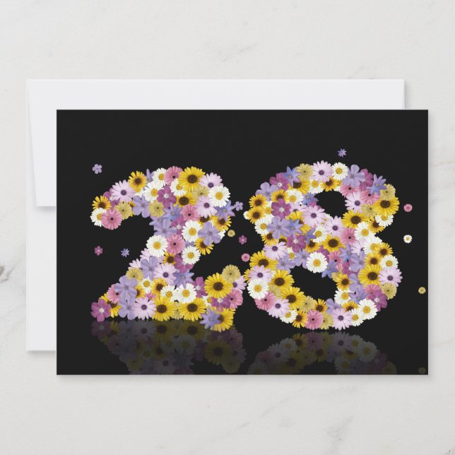 Convites 28.a Festa de aniversário, com letras floridas (Frente)