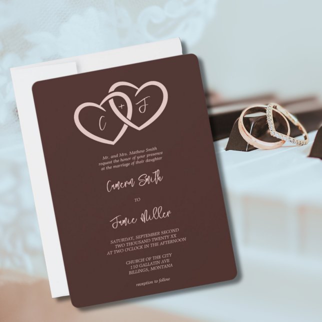 Convites 2 Corações Interligadas com Iniciais Sienna Weddin (2 Hearts Intertwined with Initials Sienna Wedding Invitation)