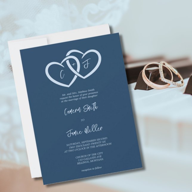 Convites 2 Corações Interligados com Iniciais Casamento Ind (2 Hearts Intertwined with Initials Indigo Wedding Invitation)