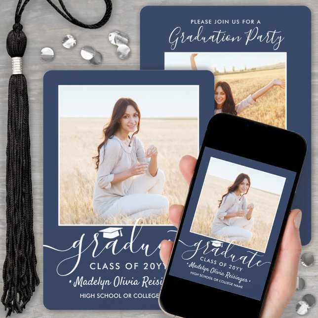 Convites 2 Festa de formatura de fotos Marinho Azul e Branc (Criador carregado)