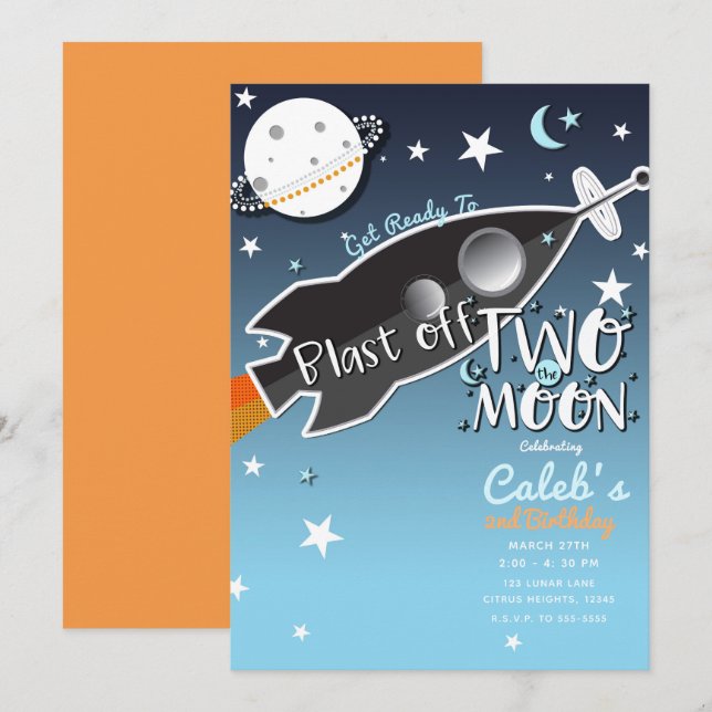 Convites 2 Foguete Espacial Para a Lua Festa de Aniversário (Frente/Verso)