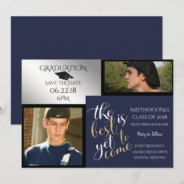 Convites 2 FOTO e ESCOLHA a graduação azul-COR (Frente/Verso)