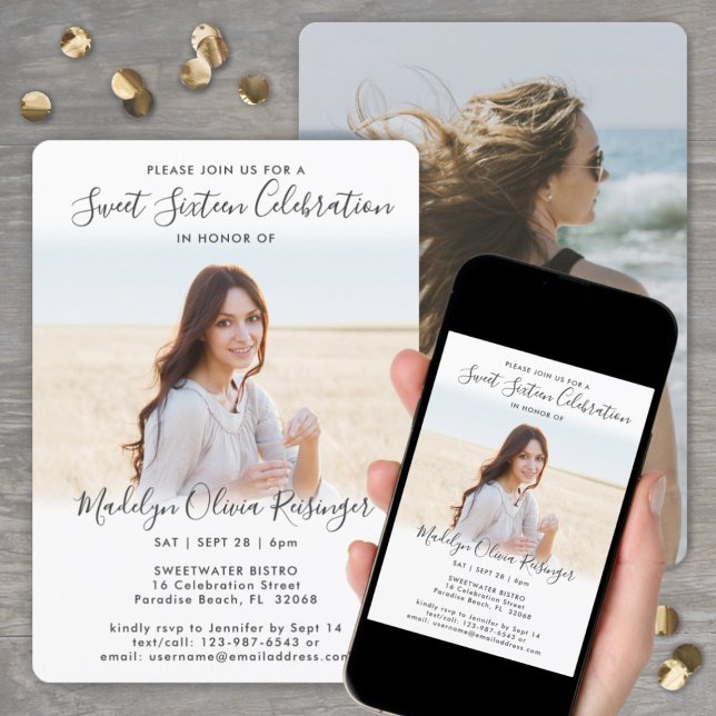 Convites 2 Foto Sweet 16 Chic Modern Elegant Script (Criador carregado)