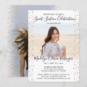 Convites 2 Foto: Sweet 16 Modern Pink Rose Glitter Dourado