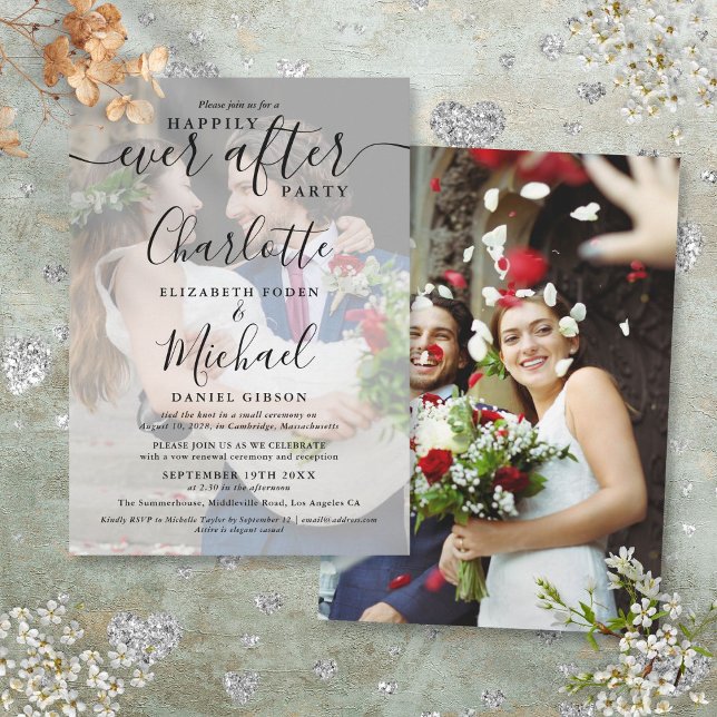 Convites 2 Fotos de Casamento Felizes para Sempre Script (2 Wedding Photos Happily Ever After Script Invitation)