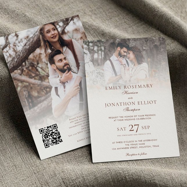 Convites 2 Fotos Sobreposição Código QR Casamento Formal (front and back view)