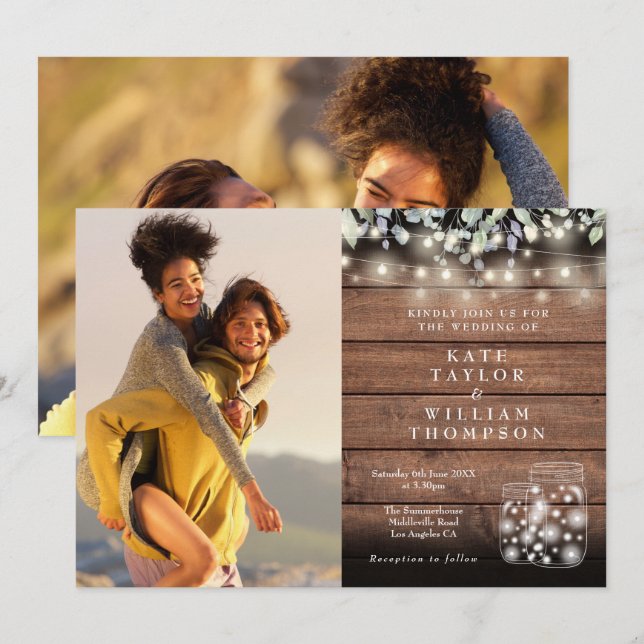 Convites 2 Luzes de Corda com Fotos Jarros Rústicos Decoraç (Frente/Verso)