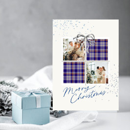 Convites 2 Photo X-mas Present Card Blue Tartan Silver Bow