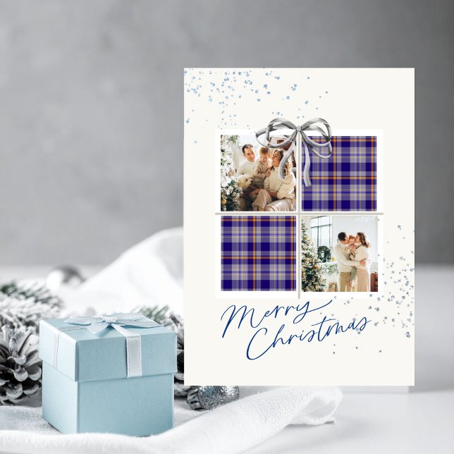 Convites 2 Photo X-mas Present Card Blue Tartan Silver Bow (Personalized Christmas card with two photo frames and festive holiday details)