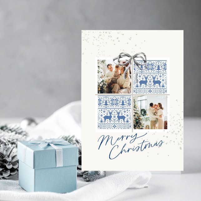 Convites 2-Photo X-mas Present Card Nordic Knits Silver Bow (Christmas card with two photo frames and nordic blue knit pattern)
