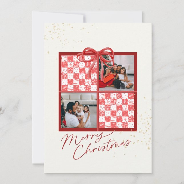 Convites 2-Photo X-mas Present Card Red Gingham Snowflakes (Frente)