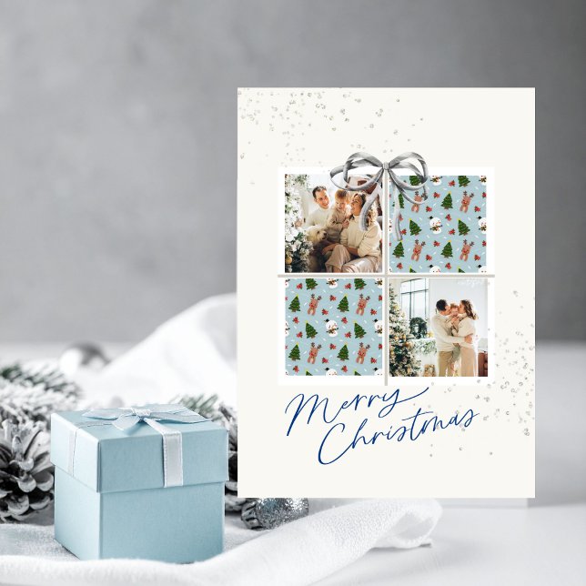 Convites 2-Photo X-mas Present Card Rudolph Firs Silver Bow (Christmas card with two photo frames and festive holiday details)