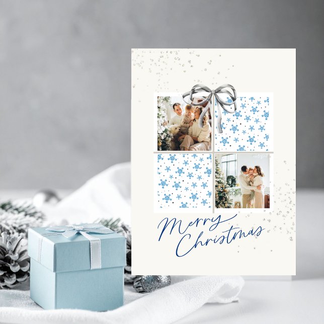Convites 2 Photo X-mas Present Card Snow Stars Silver Bow (Personalized Christmas card with two photo frames and festive holiday details)