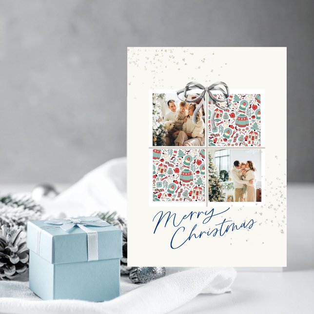 Convites 2-Photo X-mas Present Card Ugly Sweater Silver Bow (Personalized Christmas card with two photo frames and festive holiday details)