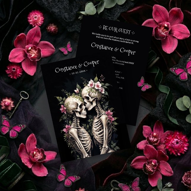 Convites 2 Romantic Gothic Human Skeletons Embracing TLW26 (Two Romantic Gothic Skeletons Embracing with Elegant Floral Arrangements Dark Romance Wedding Invite)