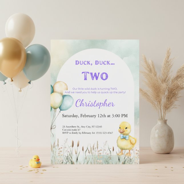 Convites 2nd Birthday Invitation Duck Duck Two Theme (Duck Duck Two 2nd birthday invitation mockup in white frame with pastel green and gold balloons)