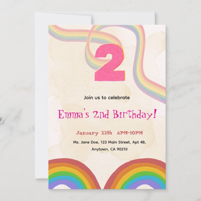 Convites 2nd Birthday Invitation Girl Editable Rainbow (Frente)