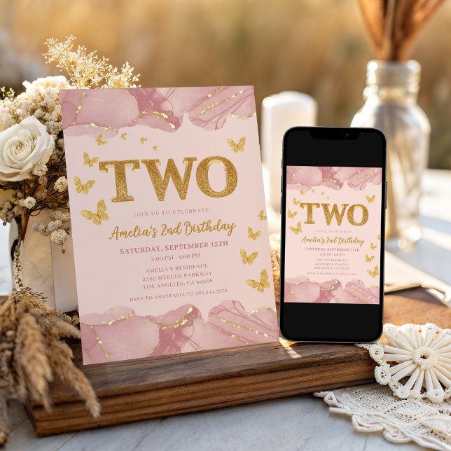 Convites 2nd Birthday Invitation Pink Gold Glitter Girl (Criador carregado)