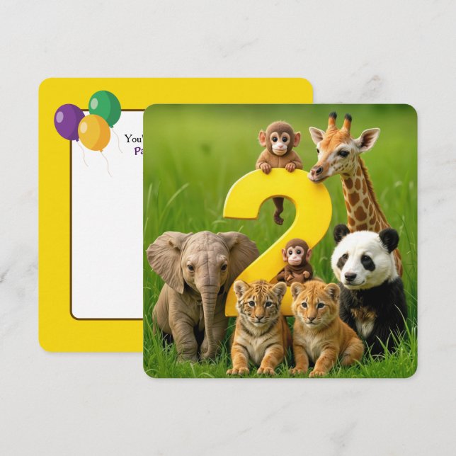 Convites 2nd Birthday Party Wildlife Animal Babies (Frente/Verso)