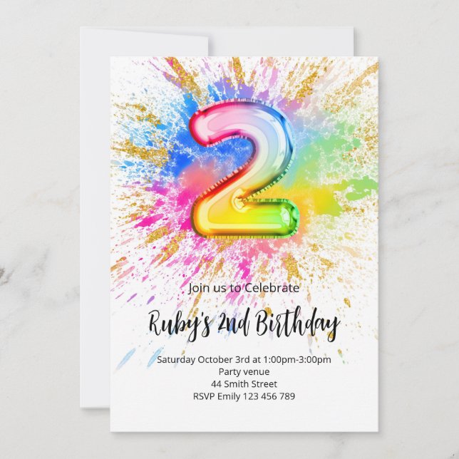 Convites 2nd Birthday Rainbow Paint Splash Invitation (Frente)