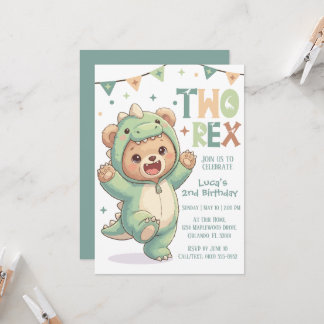 Convites 2nd Dino Birthday Party | Cute Teddy Bear Dinosaur