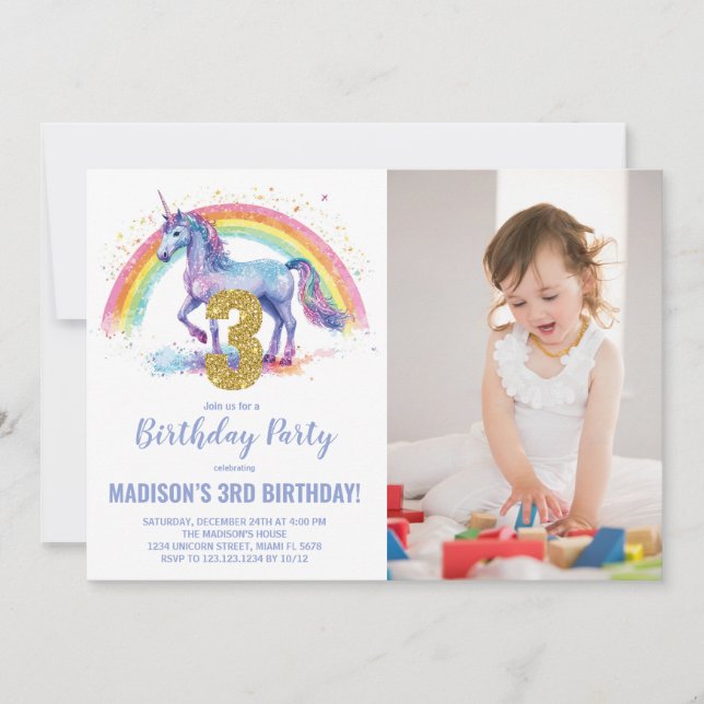 Convites 3ª foto do Rainbow Unicorn Birthday Invtions (Frente)