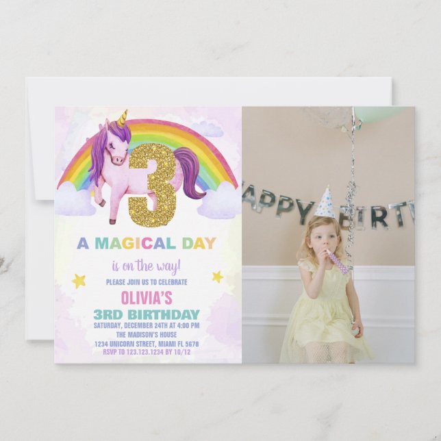 Convites 3ª foto do Rainbow Unicorn Birthday Invtions (Frente)
