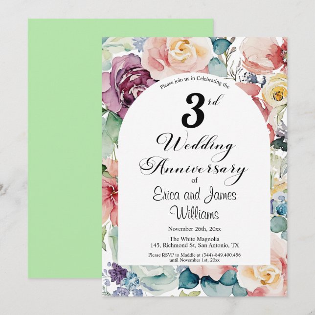 Convites 3º Aniversário de Casamento - Script Elegante Flor (Frente/Verso)