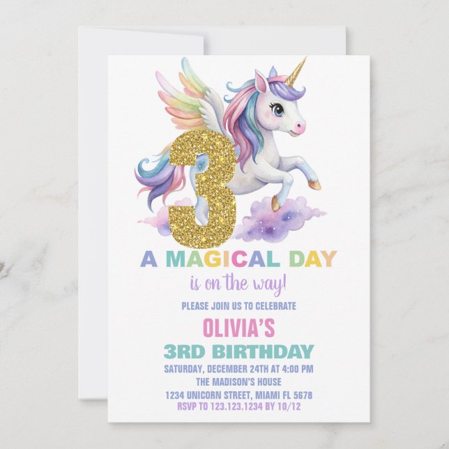 Convites 3º Rainbow Unicorn Aniversário Voa (Frente)