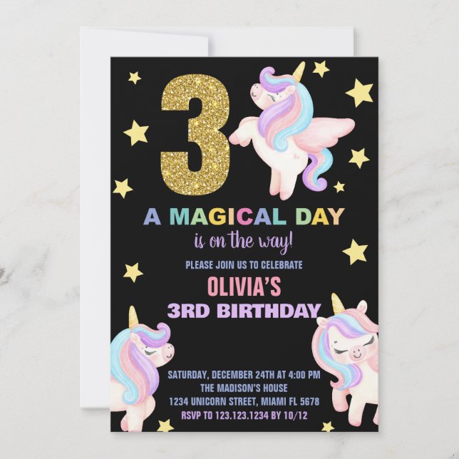 Convites 3º Rainbow Unicorn Aniversário Voa (Frente)