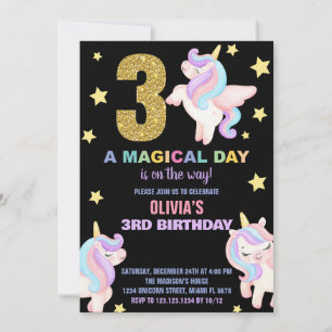 Convites 3º Rainbow Unicorn Aniversário Voa