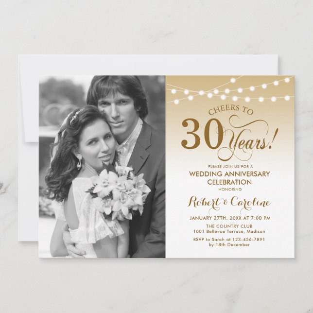 Convites 30º Aniversário com Foto - Dourado Branco (Frente)