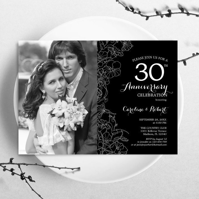 Convites 30º Aniversário Com Foto - Floral Preto Branco (Criador carregado)