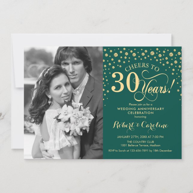 Convites 30º Aniversário de Casamento com Foto - Ouro Verde (Frente)