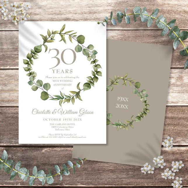 Convites 30º Aniversário de Casamento Grinalda de Pérolas V (30th Wedding Anniversary Pearl Greenery Garland Invitation)