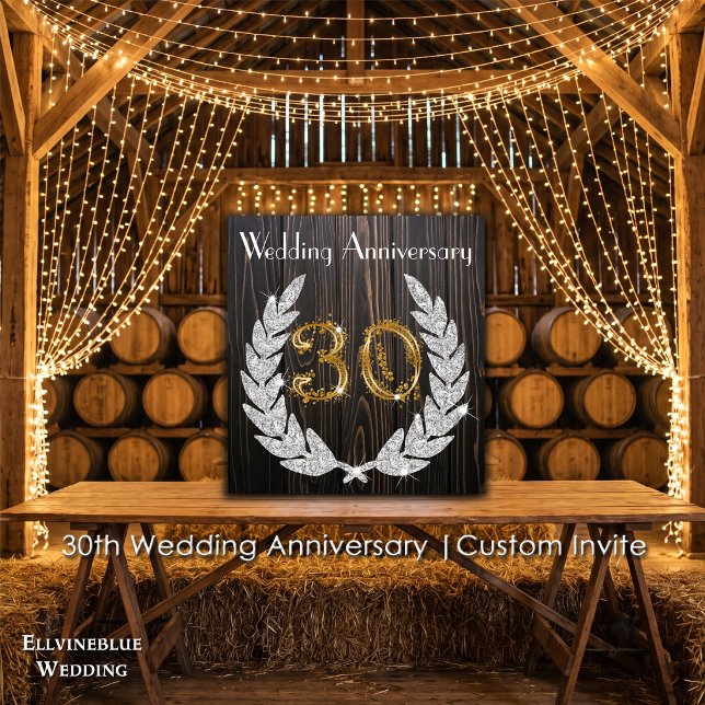 Convites 30º Aniversário de Casamento | Madeira Rústica & D (30th Wedding Anniversary Invite | Rustic Wood & Diamond Laurel. Size: 5.25” x 5.25”)