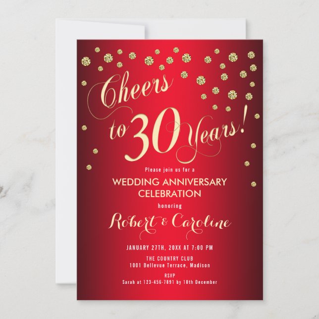 Convites 30º Aniversário de Casamento - Vermelho & Dourado (Frente)