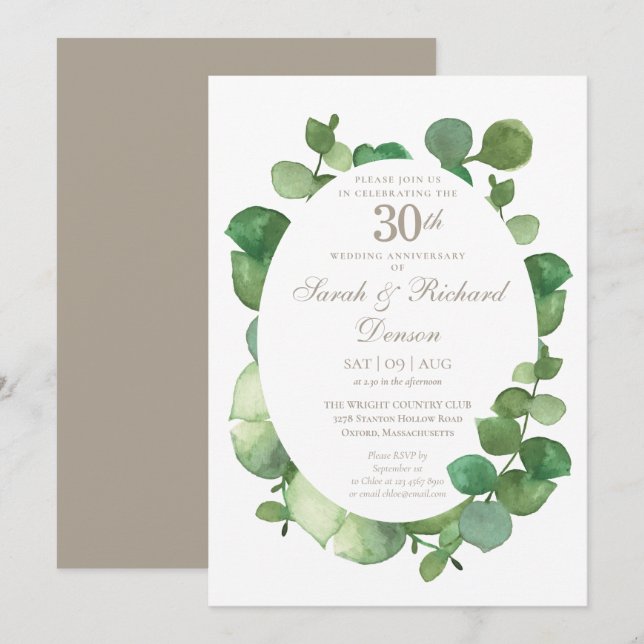 Convites 30º aniversário de pérola Eucalipto Boho Verdura (Frente/Verso)